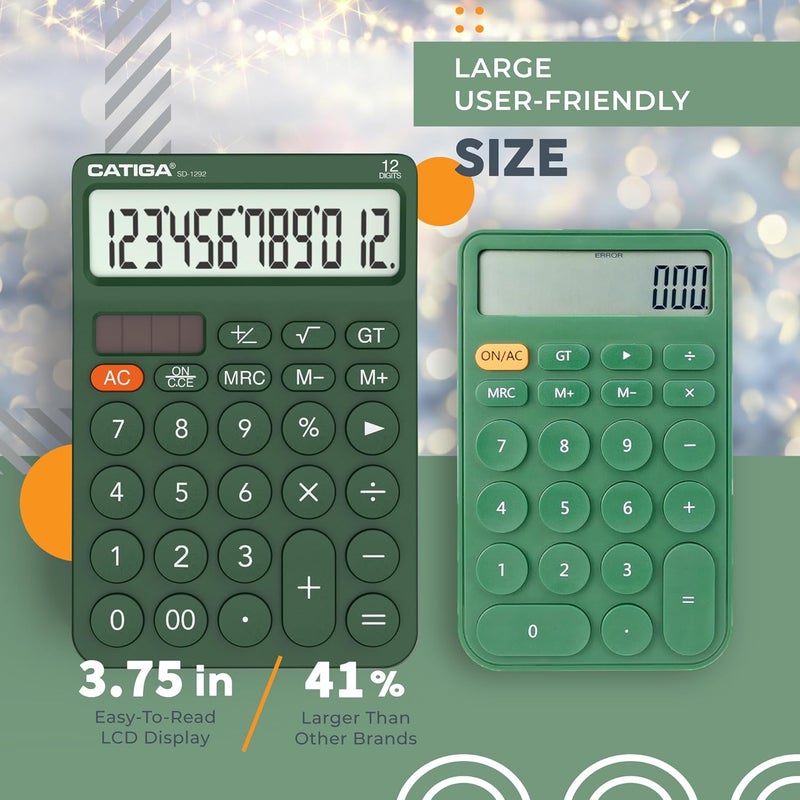 CATIGA 12 Digit Desktop Calculator Basic Desk Calculator with Large LCD Display, Big Buttons, 4 Function, Solar and Battery Dual Power, for Office, School, Home, SD-1292 Green - Image 3